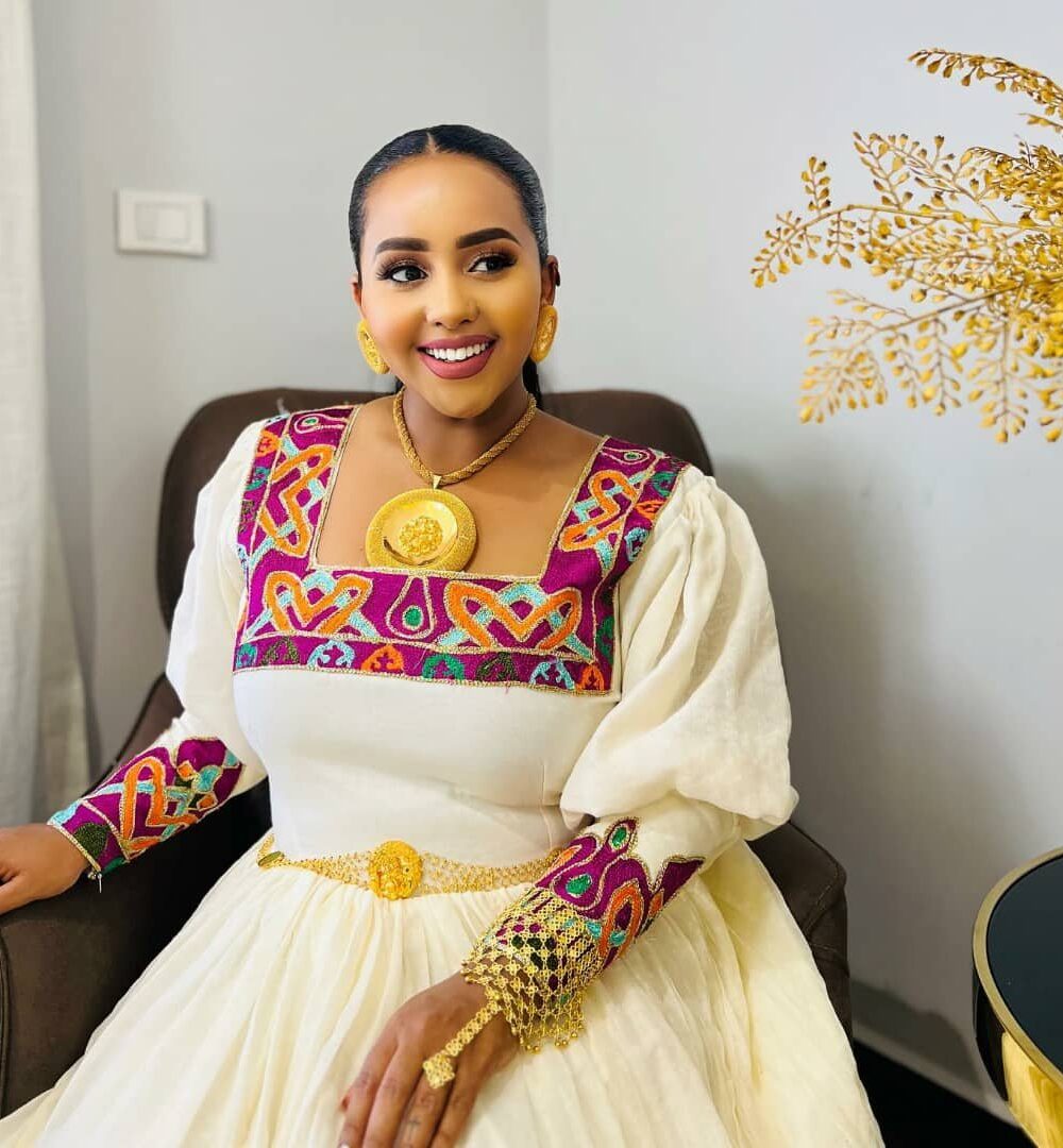 Zuria Habesha Kemis – White with Multicolour Embroidery – Azmarino Fashion Boutique