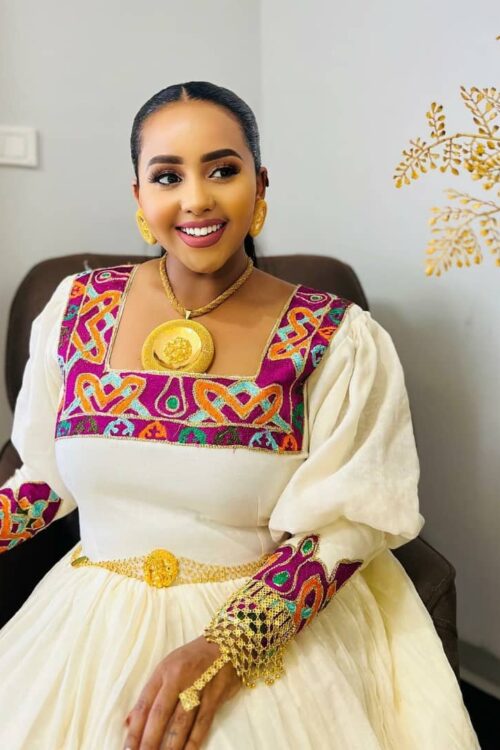 Zuria Habesha Kemis – White with Multicolour Embroidery – Azmarino Fashion Boutique