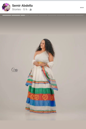 Zuria Habesha Kemis – White with Multicolour Stripe Hem – Azmarino Fashion Boutique