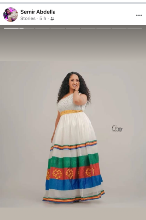 Zuria Habesha Kemis – White with Multicolour Stripe Hem – Azmarino Fashion Boutique – view 2