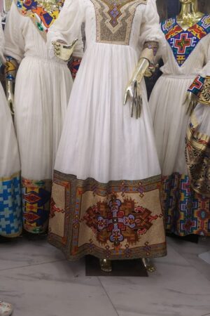 Zuria Habesha Kemis – White with Multicolour Tibeb Hem (Style 1) – Azmarino Fashion Boutique