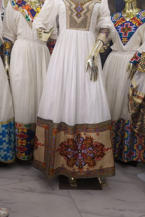 Zuria Habesha Kemis – White with Multicolour Tibeb Hem (Style 1) – Azmarino Fashion Boutique