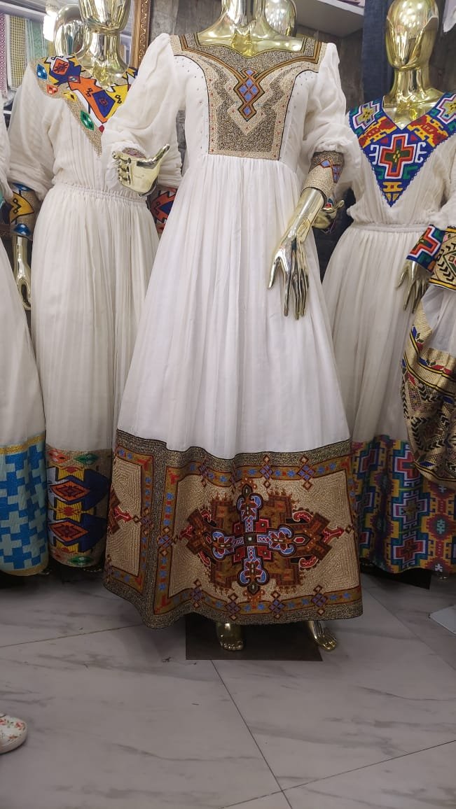 Zuria Habesha Kemis – White with Multicolour Tibeb Hem (Style 1) – Azmarino Fashion Boutique