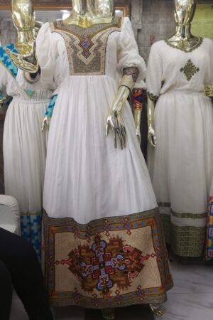Zuria Habesha Kemis – White with Multicolour Tibeb Hem (Style 1) – Azmarino Fashion Boutique – view 2