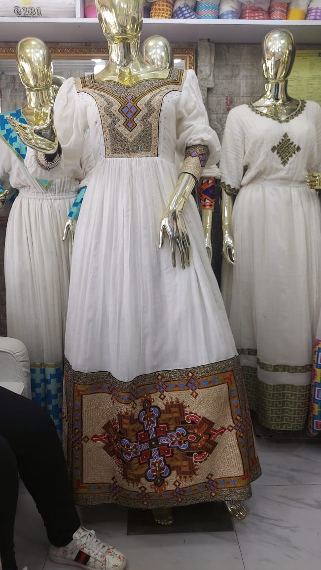 Zuria Habesha Kemis – White with Multicolour Tibeb Hem (Style 1) – Azmarino Fashion Boutique – view 2