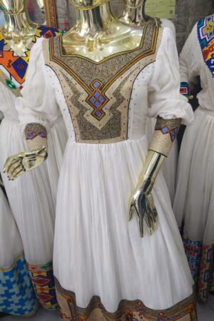 Zuria Habesha Kemis – White with Multicolour Tibeb Hem (Style 1) – Azmarino Fashion Boutique – view 3