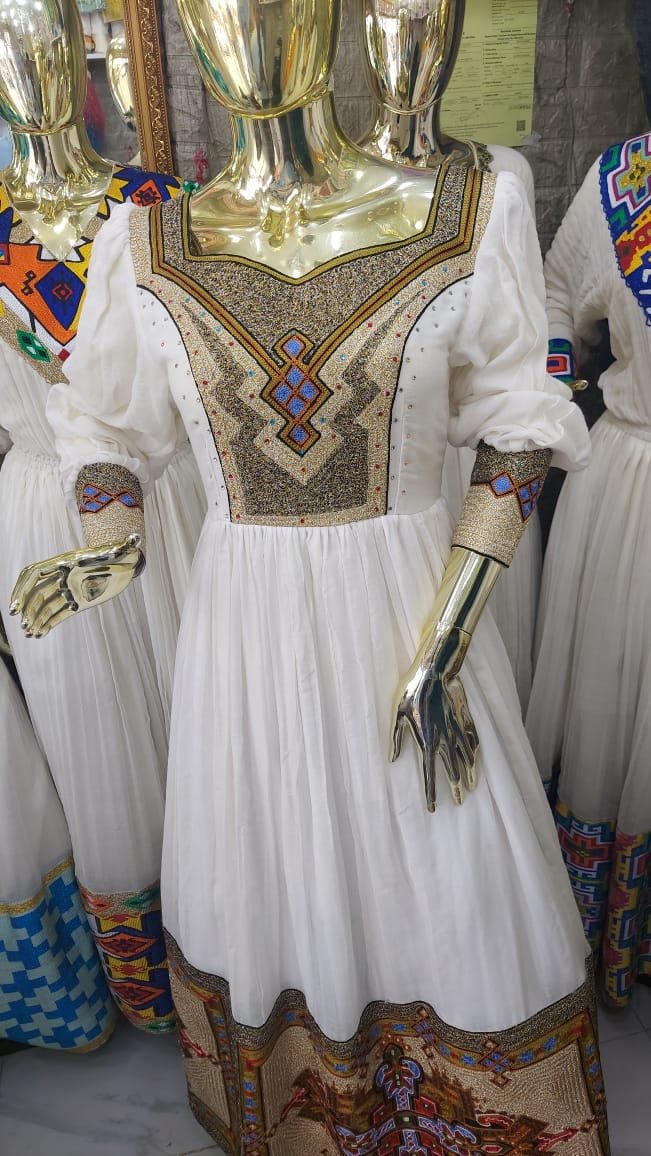 Zuria Habesha Kemis – White with Multicolour Tibeb Hem (Style 1) – Azmarino Fashion Boutique – view 3