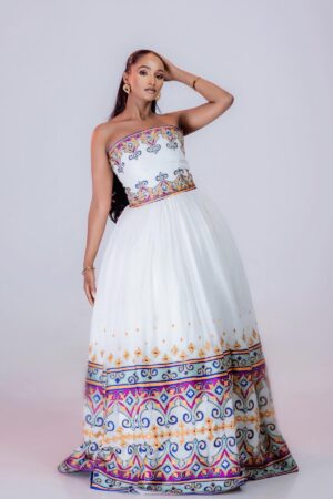 Zuria Habesha Kemis – White with Multicolour Tibeb Hem (Style 3) – Azmarino Fashion Boutique