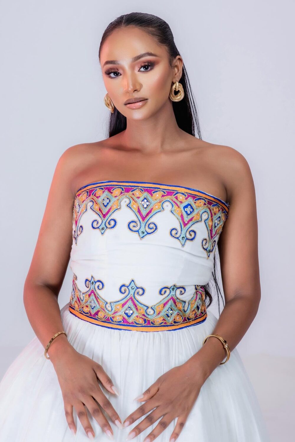 Zuria Habesha Kemis – White with Multicolour Tibeb Hem (Style 3) – Azmarino Fashion Boutique – view 2