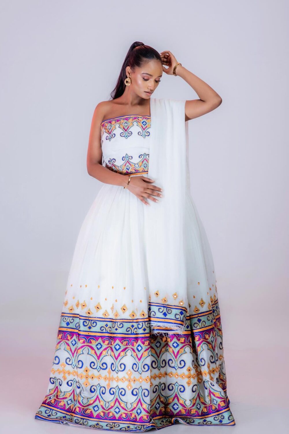 Zuria Habesha Kemis – White with Multicolour Tibeb Hem (Style 3) – Azmarino Fashion Boutique – view 3