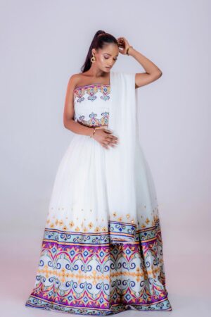Zuria Habesha Kemis – White with Multicolour Tibeb Hem (Style 3) – Azmarino Fashion Boutique – view 3