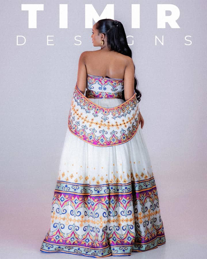 Zuria Habesha Kemis – White with Multicolour Tibeb Hem (Style 3) – Azmarino Fashion Boutique – view 4