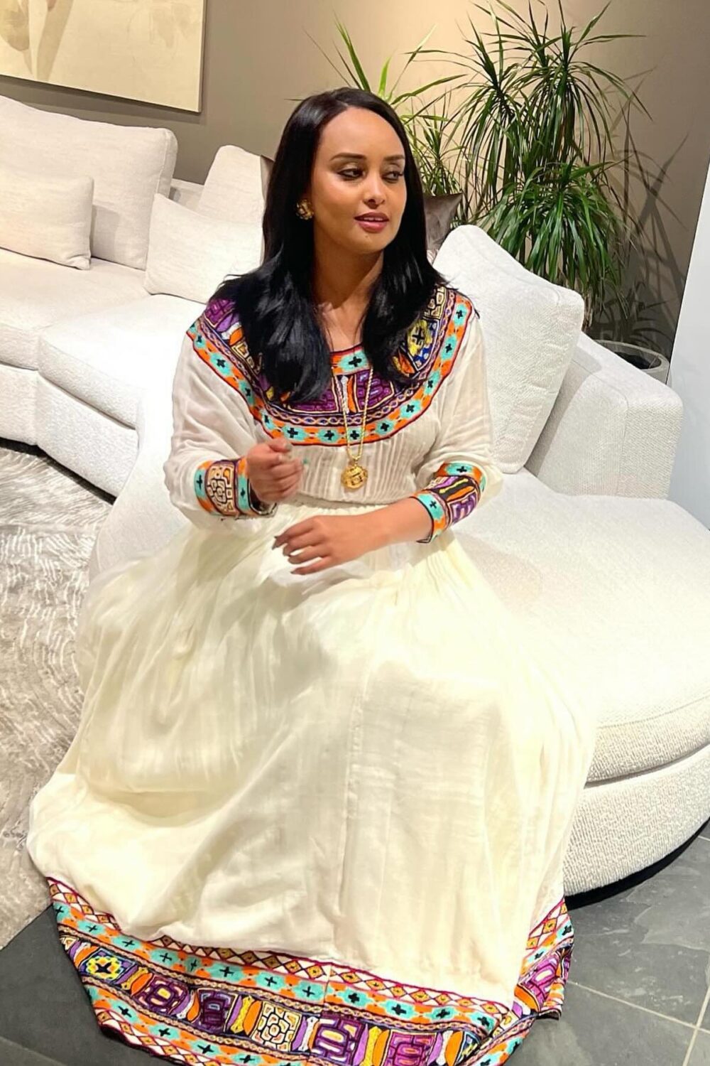 Zuria Habesha Kemis – White with Multicolour Tibeb (Style 1) – Azmarino Fashion Boutique