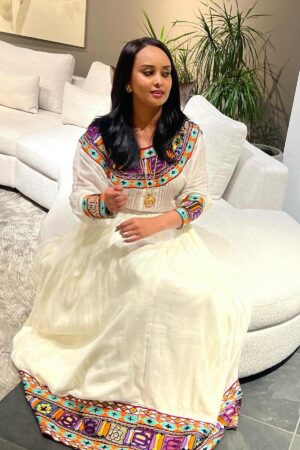 Zuria Habesha Kemis – White with Multicolour Tibeb (Style 1) – Azmarino Fashion Boutique