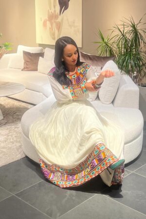 Zuria Habesha Kemis – White with Multicolour Tibeb (Style 1) – Azmarino Fashion Boutique – view 2