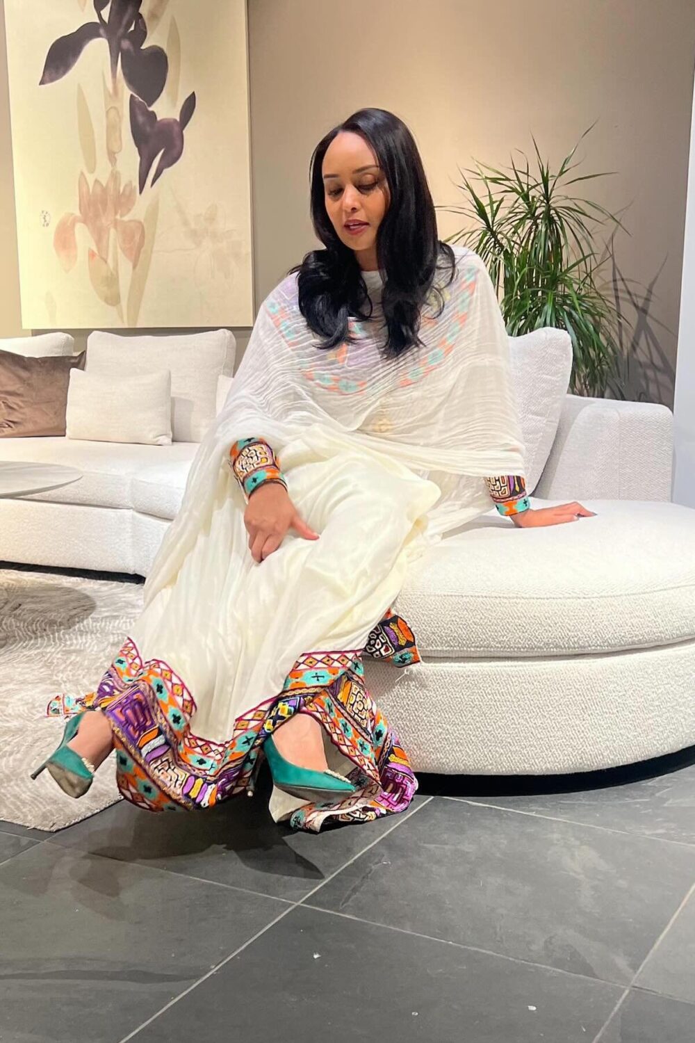 Zuria Habesha Kemis – White with Multicolour Tibeb (Style 1) – Azmarino Fashion Boutique – view 3