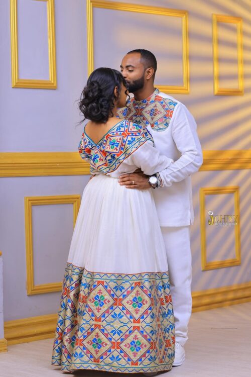 Zuria Habesha Kemis – White with Multicolour Tibeb (Style 2) – Azmarino Fashion Boutique