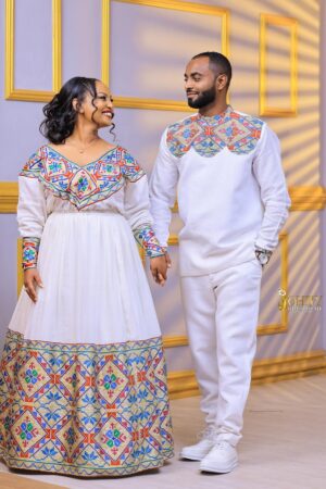 Zuria Habesha Kemis – White with Multicolour Tibeb (Style 2) – Azmarino Fashion Boutique – view 2