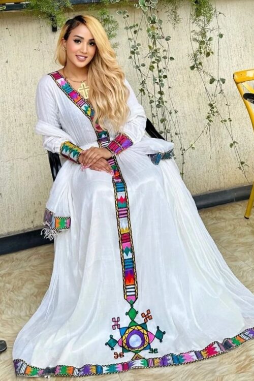 Zuria Habesha Kemis – White with Multicolour Tibeb (Style 3) – Azmarino Fashion Boutique