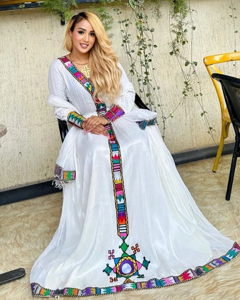Zuria Habesha Kemis – White with Multicolour Tibeb (Style 3) – Azmarino Fashion Boutique