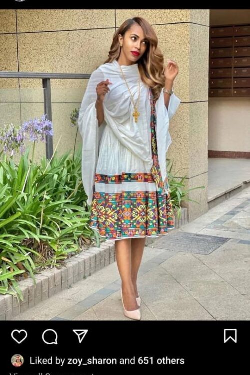 Zuria Habesha Kemis – White with Multicolour Tibeb (Style 4) – Azmarino Fashion Boutique