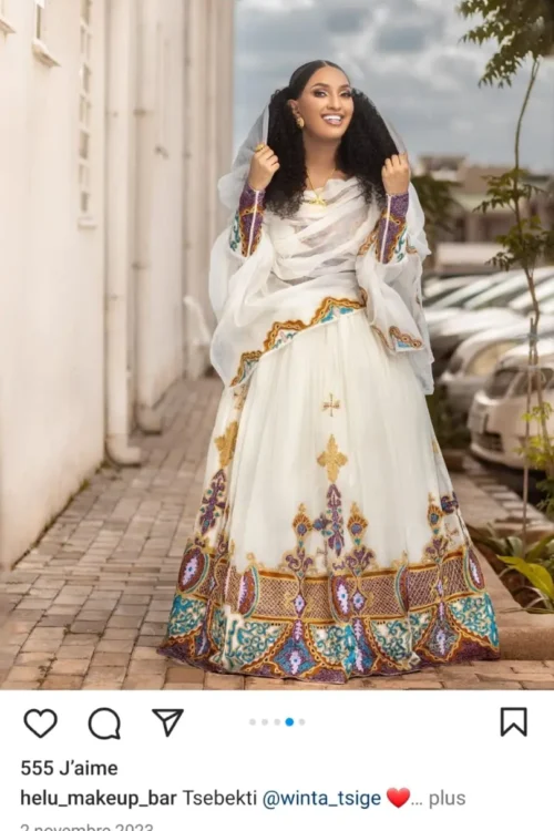 Zuria Habesha Kemis – White with Multicolour Tibeb (Style 5) – Azmarino Fashion Boutique