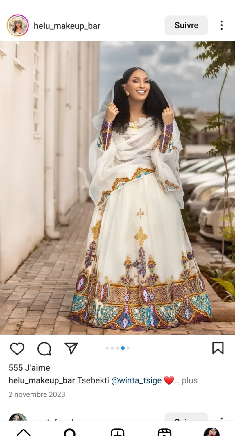 Zuria Habesha Kemis – White with Multicolour Tibeb (Style 5) – Azmarino Fashion Boutique