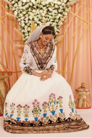 Zuria Habesha Kemis – White with Multicolour Tibeb (Style 6) – Azmarino Fashion Boutique – view 2