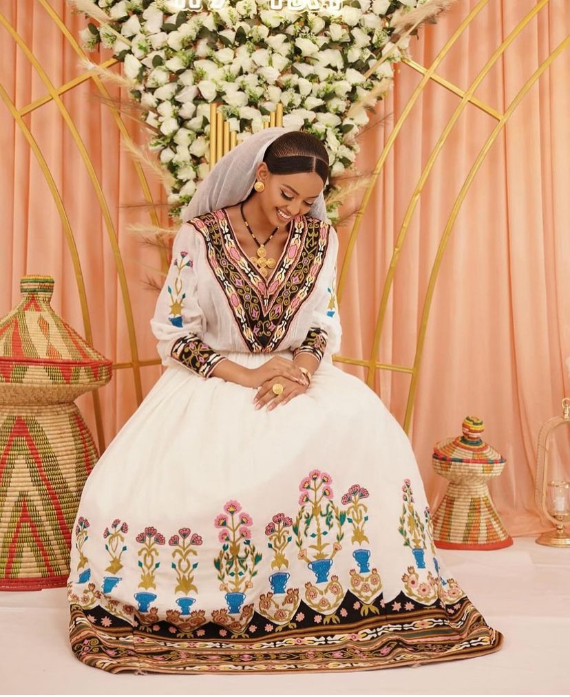 Zuria Habesha Kemis – White with Multicolour Tibeb (Style 6) – Azmarino Fashion Boutique – view 2