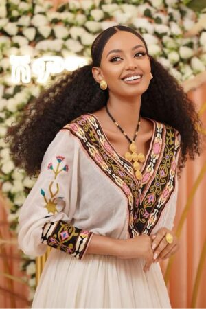 Zuria Habesha Kemis – White with Multicolour Tibeb (Style 6) – Azmarino Fashion Boutique – view 3