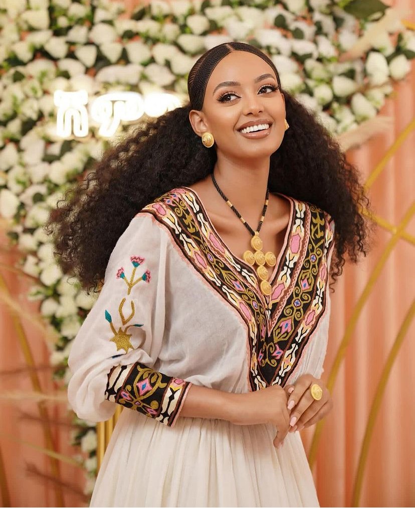 Zuria Habesha Kemis – White with Multicolour Tibeb (Style 6) – Azmarino Fashion Boutique – view 3
