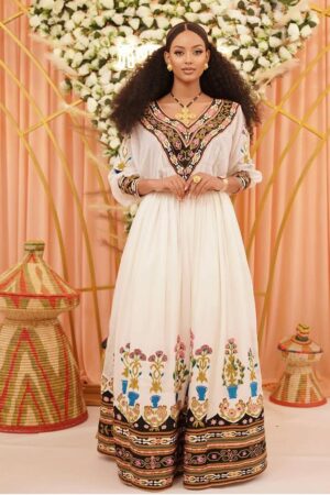 Zuria Habesha Kemis – White with Multicolour Tibeb (Style 6) – Azmarino Fashion Boutique – view 4