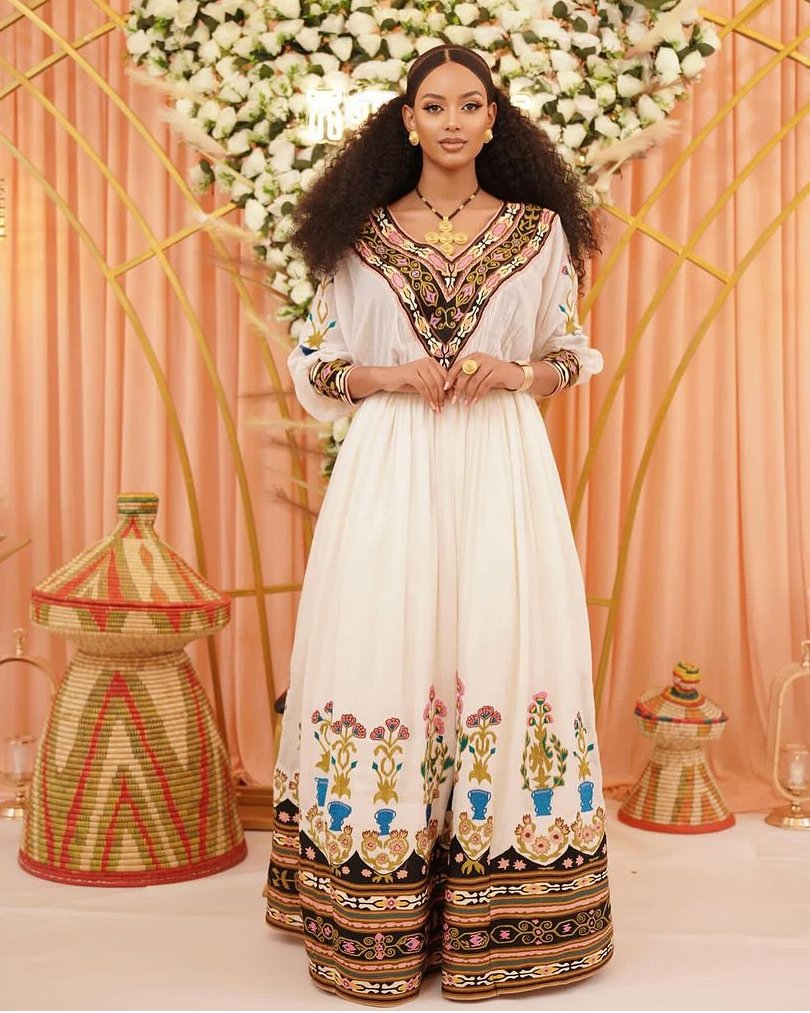 Zuria Habesha Kemis – White with Multicolour Tibeb (Style 6) – Azmarino Fashion Boutique – view 4