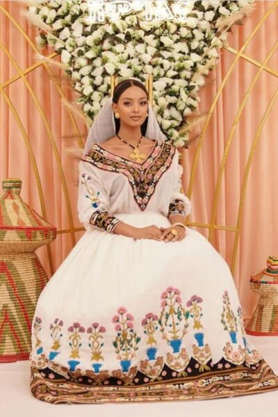 Zuria Habesha Kemis – White with Multicolour Tibeb (Style 7)