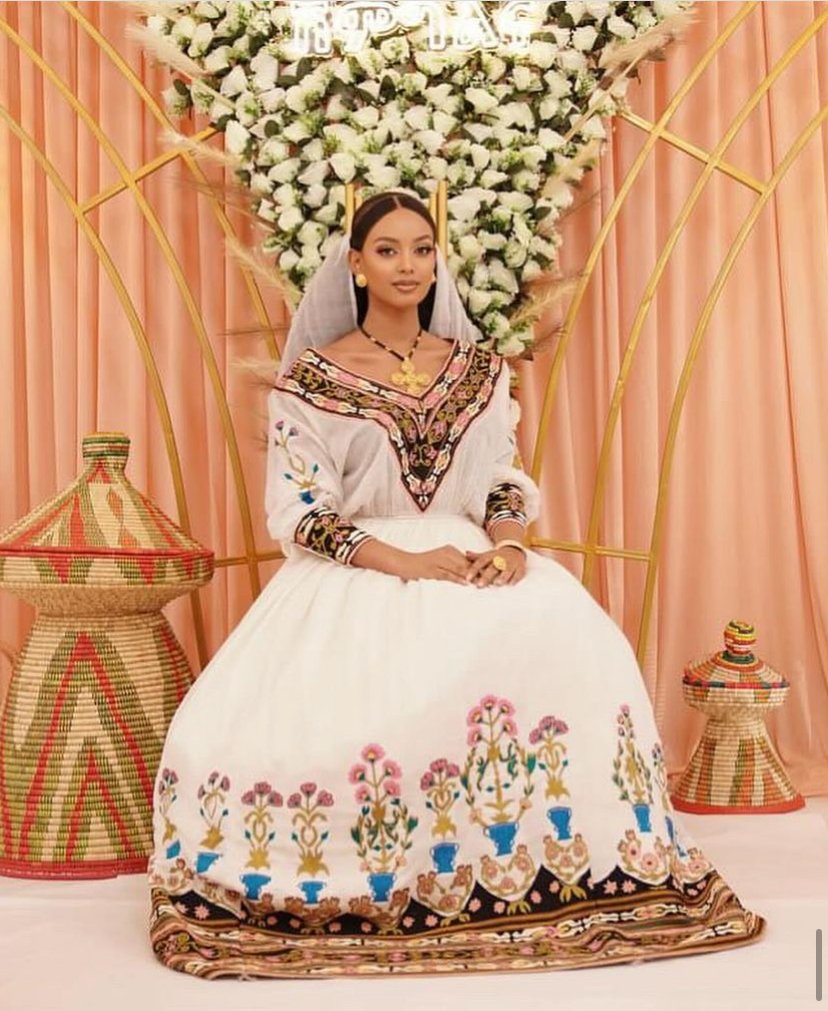 Zuria Habesha Kemis – White with Multicolour Tibeb (Style 7) – Azmarino Fashion Boutique – view 2