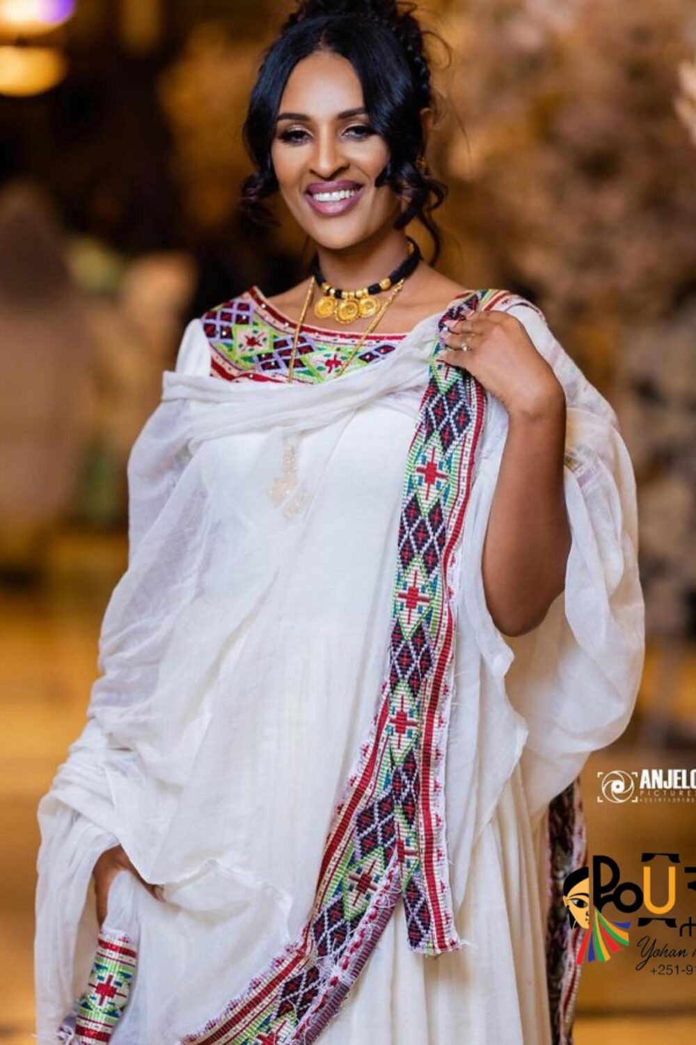 Zuria Habesha Kemis – White with Multicolour Tibeb (Style 8) – Azmarino Fashion Boutique
