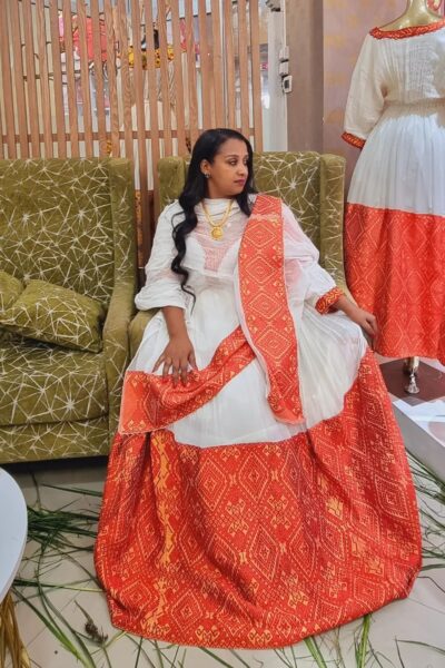 Zuria Habesha Kemis – White with Orange-Red Tibeb