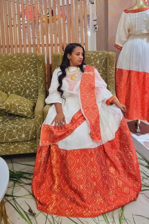 Zuria Habesha Kemis – White with Orange-Red Tibeb – Azmarino Fashion Boutique