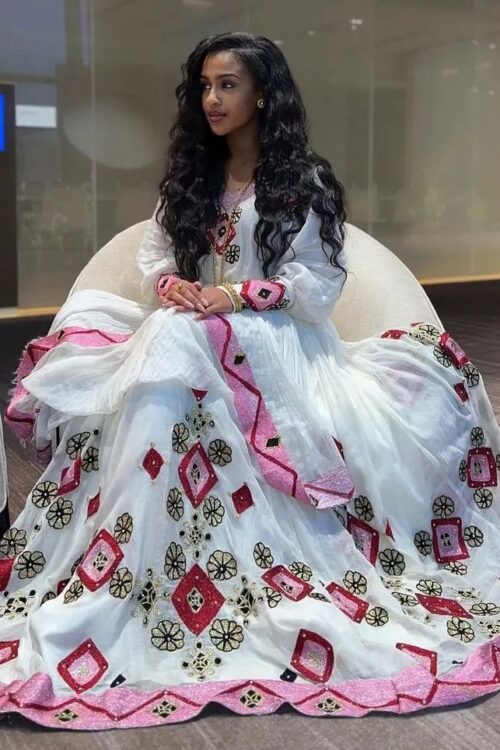 Zuria Habesha Kemis – White with Pink & Red Floral Tibeb – Azmarino Fashion Boutique