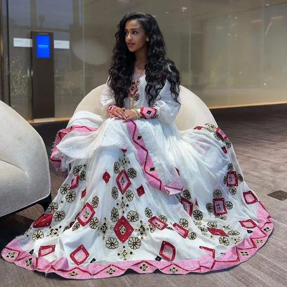 Zuria Habesha Kemis – White with Pink & Red Floral Tibeb – Azmarino Fashion Boutique