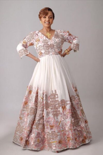 Zuria Habesha Kemis – White with Pink Floral Tibeb