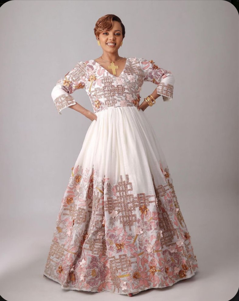 Zuria Habesha Kemis – White with Pink Floral Tibeb – Azmarino Fashion Boutique