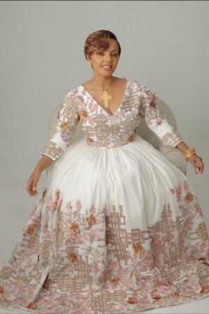 Zuria Habesha Kemis – White with Pink Floral Tibeb – Azmarino Fashion Boutique – view 2