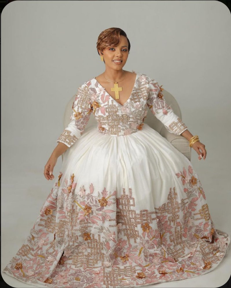 Zuria Habesha Kemis – White with Pink Floral Tibeb – Azmarino Fashion Boutique – view 2