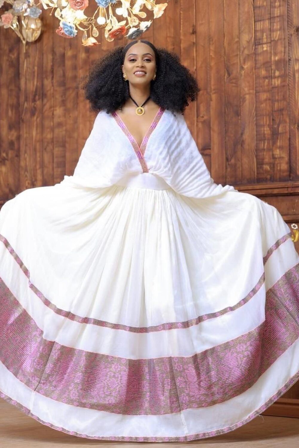 Zuria Habesha Kemis – White with Pink Tibeb Stripes – Azmarino Fashion Boutique