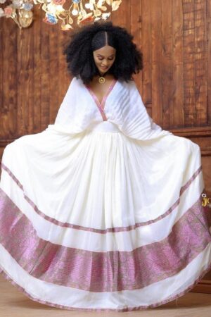 Zuria Habesha Kemis – White with Pink Tibeb Stripes – Azmarino Fashion Boutique – view 2