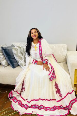 Zuria Habesha Kemis – White with Pink Tibeb (Style 1) – Azmarino Fashion Boutique