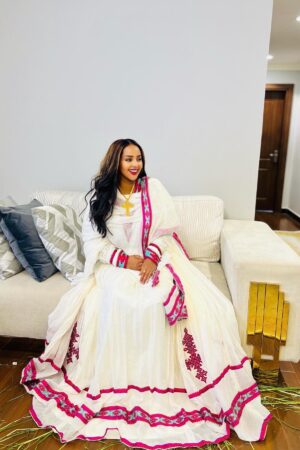 Zuria Habesha Kemis – White with Pink Tibeb (Style 1) – Azmarino Fashion Boutique – view 2