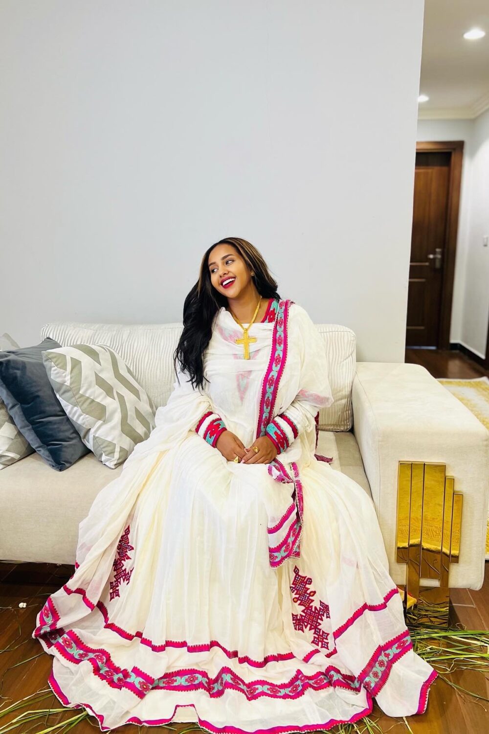 Zuria Habesha Kemis – White with Pink Tibeb (Style 1) – Azmarino Fashion Boutique – view 4