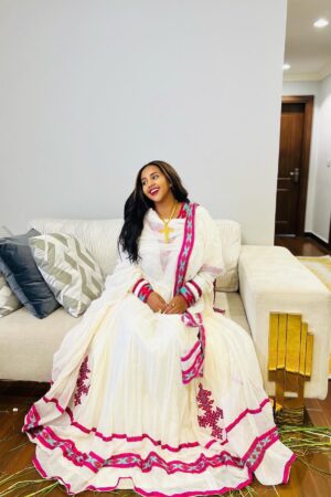 Zuria Habesha Kemis – White with Pink Tibeb (Style 1) – Azmarino Fashion Boutique – view 4